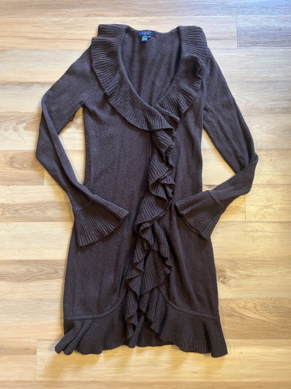 Chaps Chocolate Brown Ruffle Front Knit Cardigan